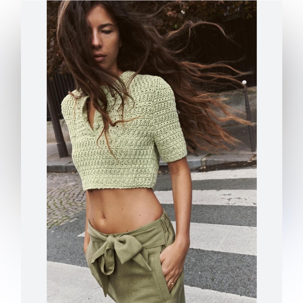 Zara Crochet Knit Short Sleeve Collared Crop Top Light Green Size Small